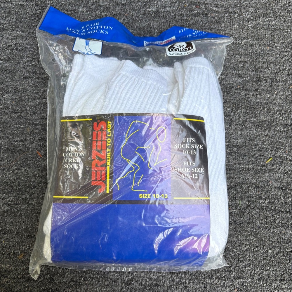Jerzees Mens Cotton Crew Socks 6 Pair White Made in USA Size 10-13 Vintage New